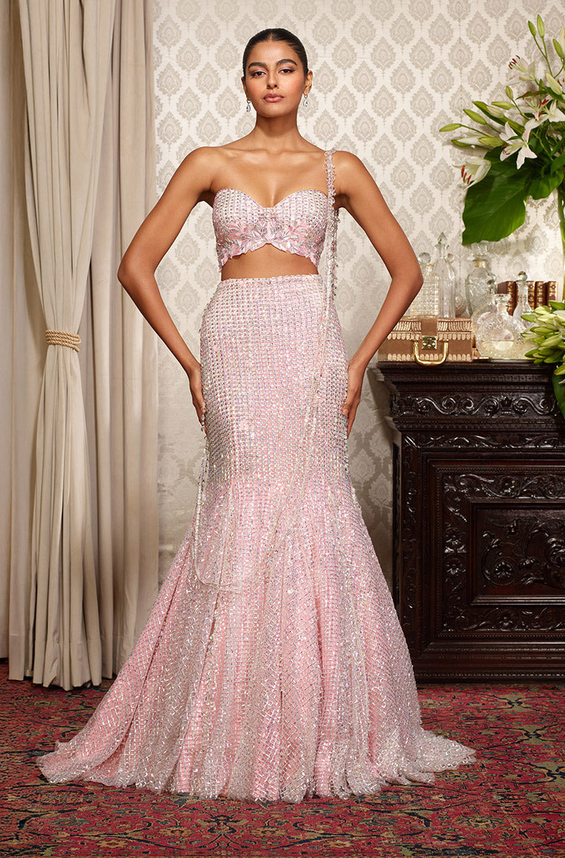 Pink Fit To Flare Stone Embroidered Skirt Set