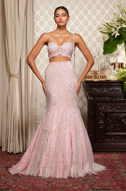Pink Fit To Flare Stone Embroidered Skirt Set