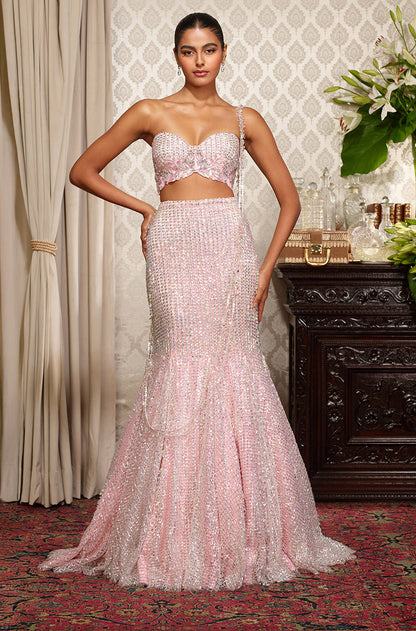 Pink Fit To Flare Stone Embroidered Skirt Set