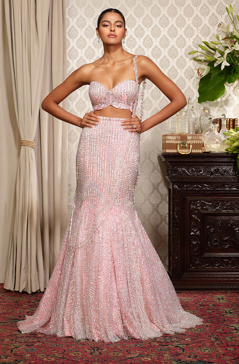 Pink Fit To Flare Stone Embroidered Skirt Set