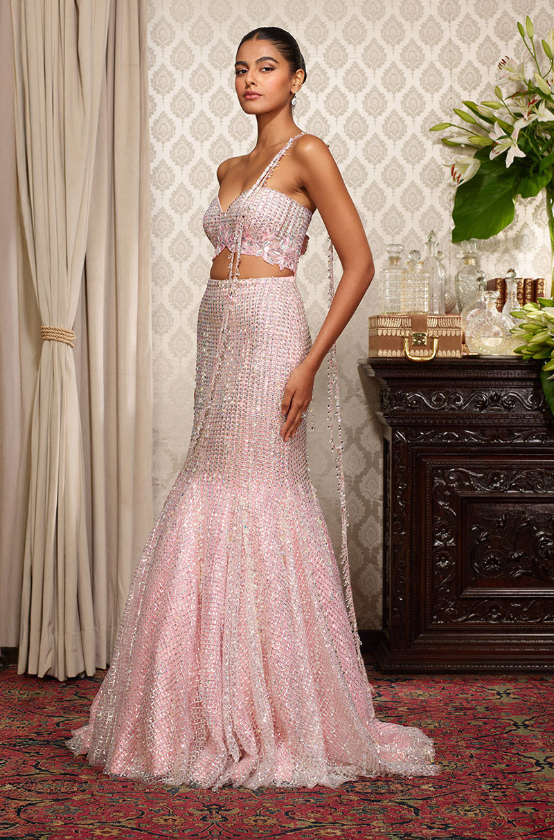 Pink Fit To Flare Stone Embroidered Skirt Set