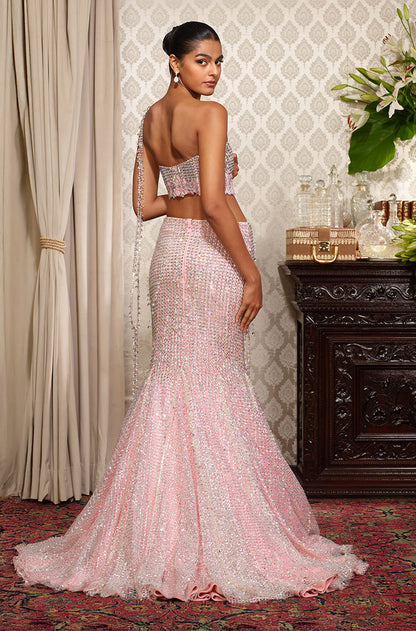 Pink Fit To Flare Stone Embroidered Skirt Set