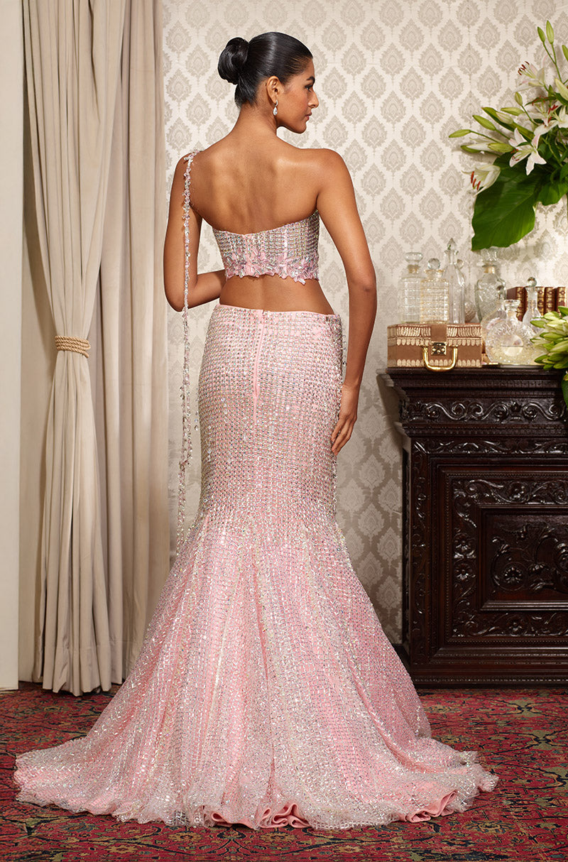 Pink Fit To Flare Stone Embroidered Skirt Set