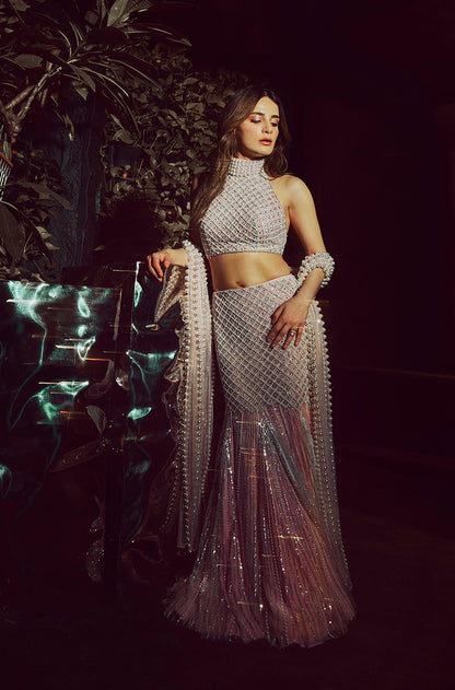 Radhika Madan in our Pink Pearl Fit to flare Skirt Set