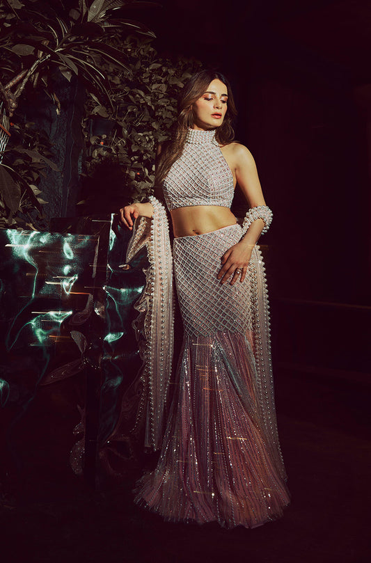 Radhika Madan in our Pink Pearl Fit to flare Skirt Set