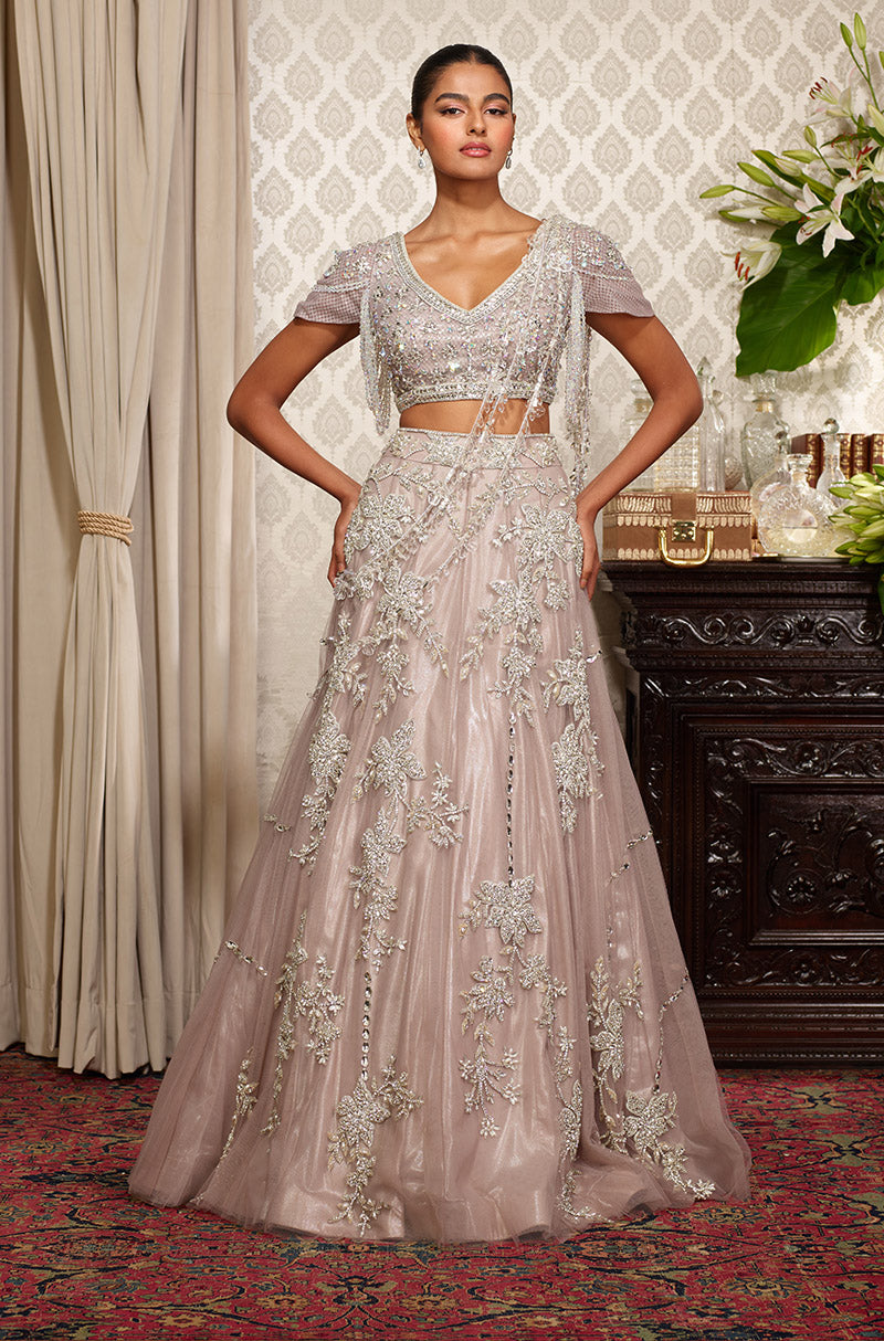 Grey Floral Embroidered Lehenga Set