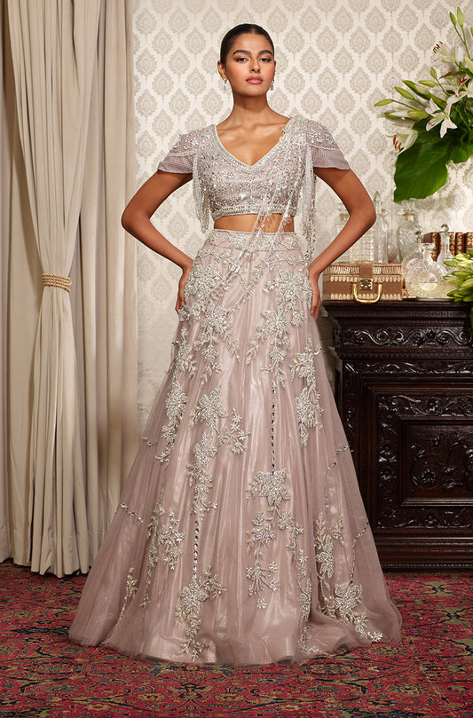 Grey Floral Embroidered Lehenga Set
