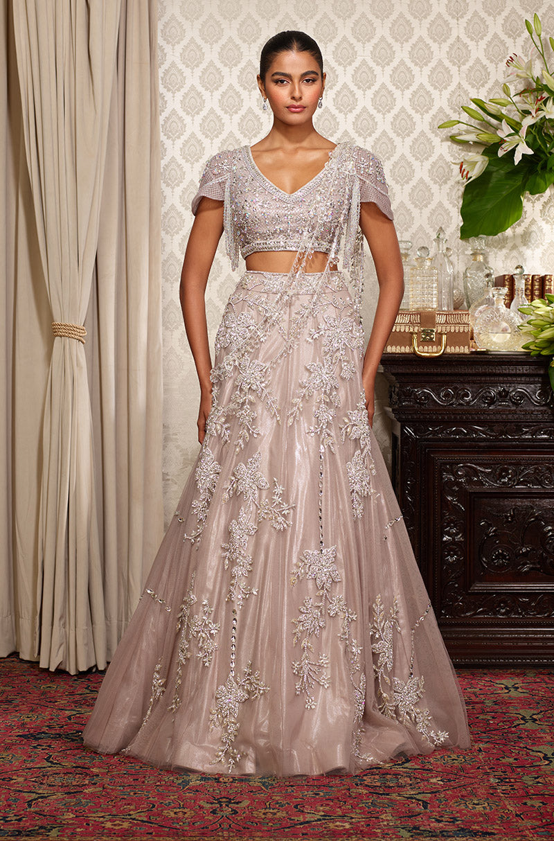 Grey Floral Embroidered Lehenga Set