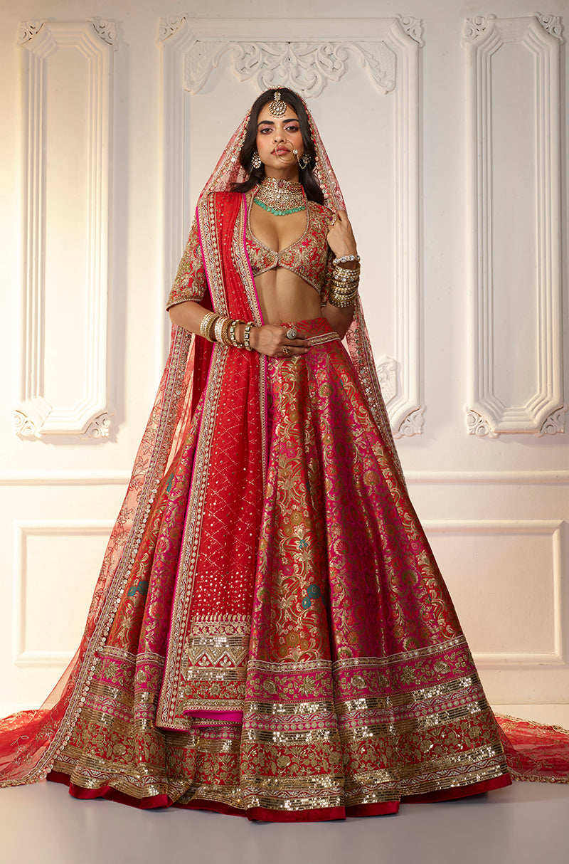 Red & Pink Floral Brocade Lehenga Set