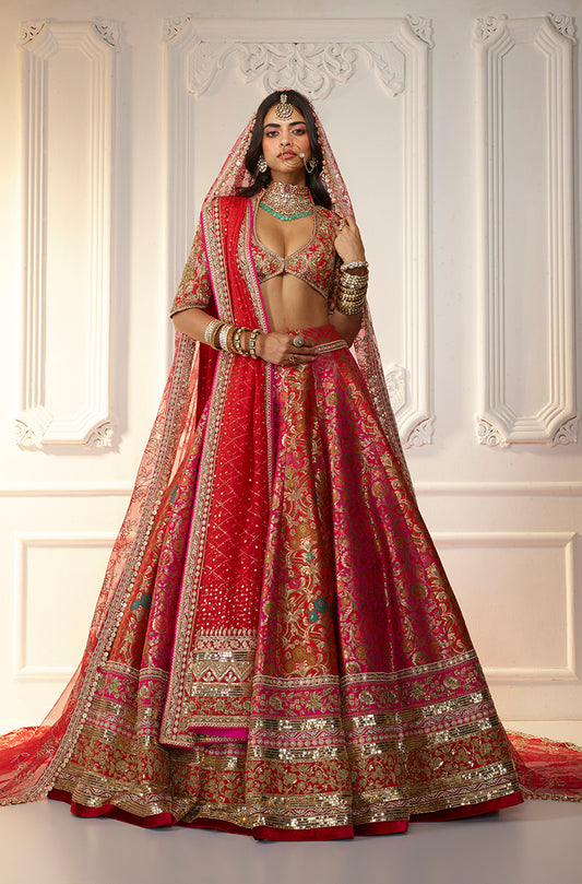 Red & Pink Floral Brocade Lehenga Set