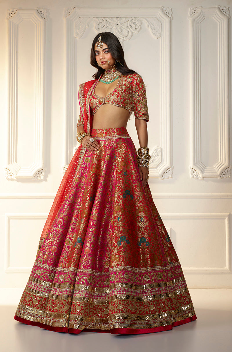 Red & Pink Floral Brocade Lehenga Set