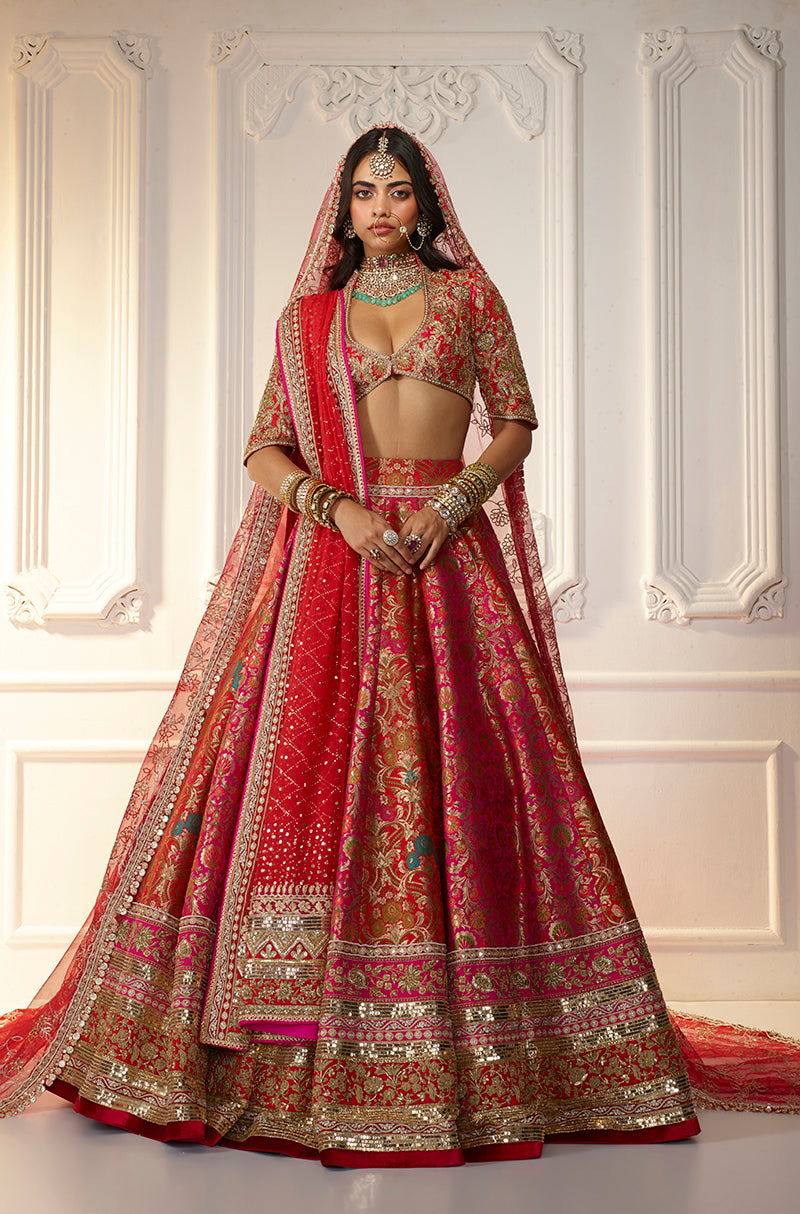 Red & Pink Floral Brocade Lehenga Set