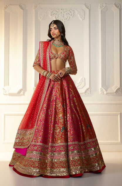Red & Pink Floral Brocade Lehenga Set