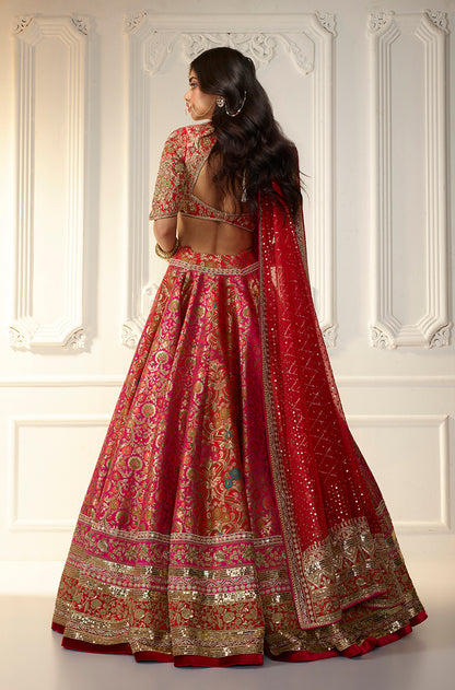 Red & Pink Floral Brocade Lehenga Set