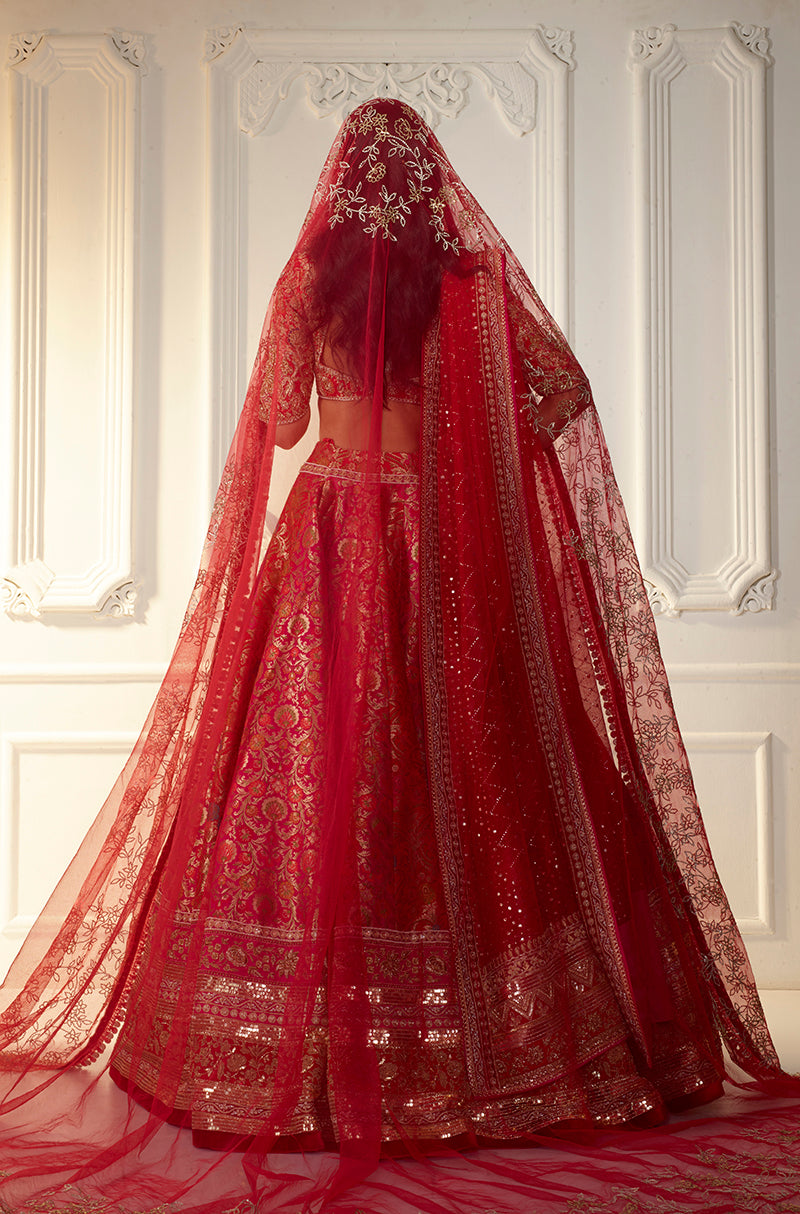Red & Pink Floral Brocade Lehenga Set