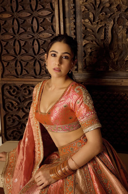 Sara Ali Khan in our Multi Color Brocade Embroidered Lehenga Set