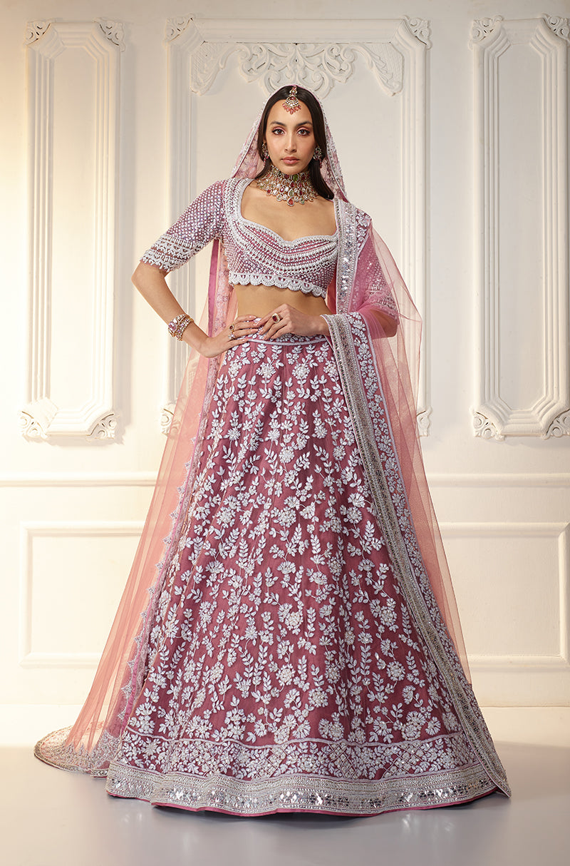 Dusty Plum & Ivory Chikankari Mijwan Embroidered Lehenga Set