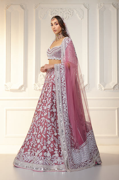 Dusty Plum & Ivory Chikankari Mijwan Embroidered Lehenga Set