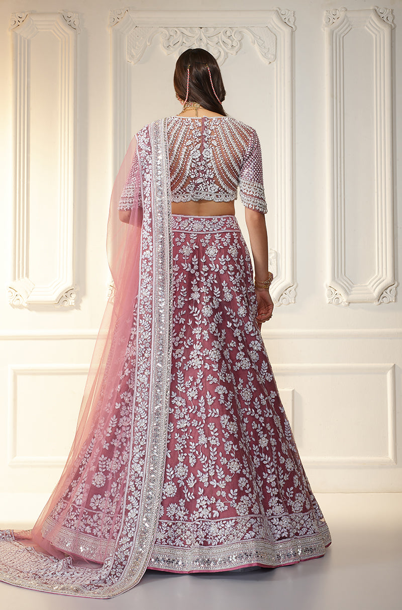 Dusty Plum & Ivory Chikankari Mijwan Embroidered Lehenga Set