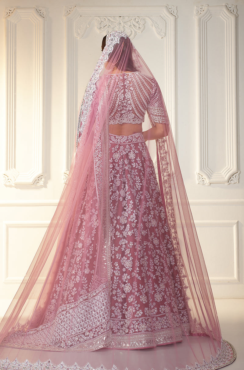 Dusty Plum & Ivory Chikankari Mijwan Embroidered Lehenga Set