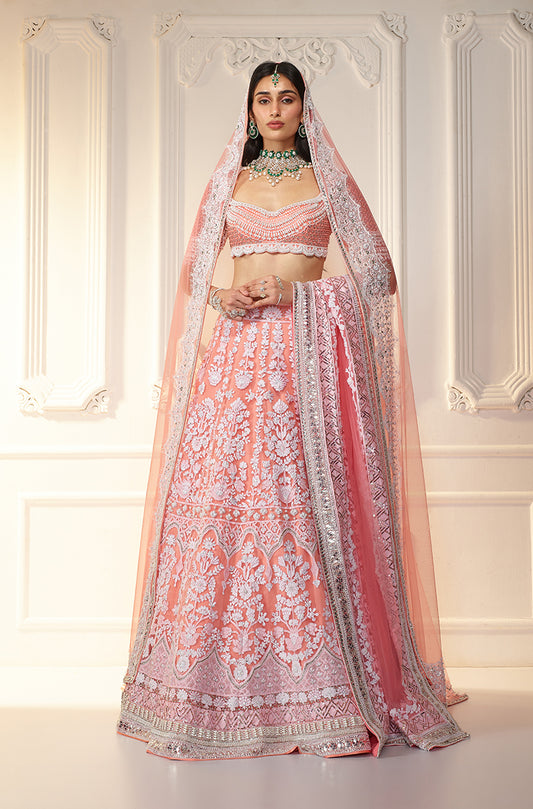 Coral & Ivory Chikankari Mijwan Embroidered Lehenga Set