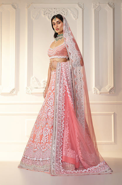 Coral & Ivory Chikankari Mijwan Embroidered Lehenga Set