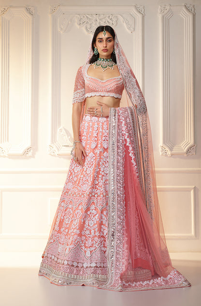 Coral & Ivory Chikankari Mijwan Embroidered Lehenga Set