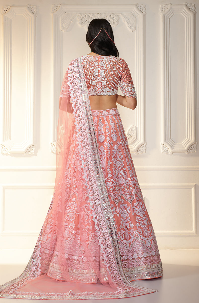 Coral & Ivory Chikankari Mijwan Embroidered Lehenga Set