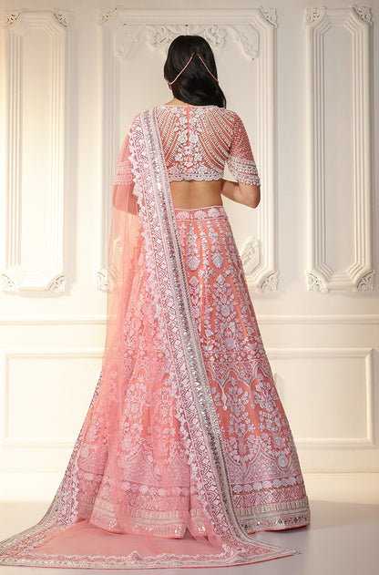 Coral & Ivory Chikankari Mijwan Embroidered Lehenga Set