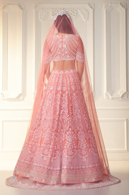 Coral & Ivory Chikankari Mijwan Embroidered Lehenga Set