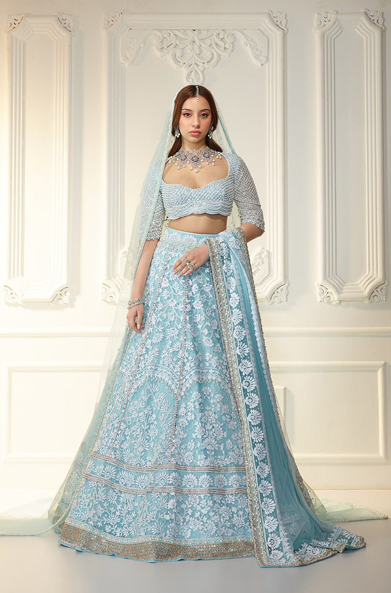 Aqua & Ivory Chikankari Mijwan Embroidered Lehenga Set