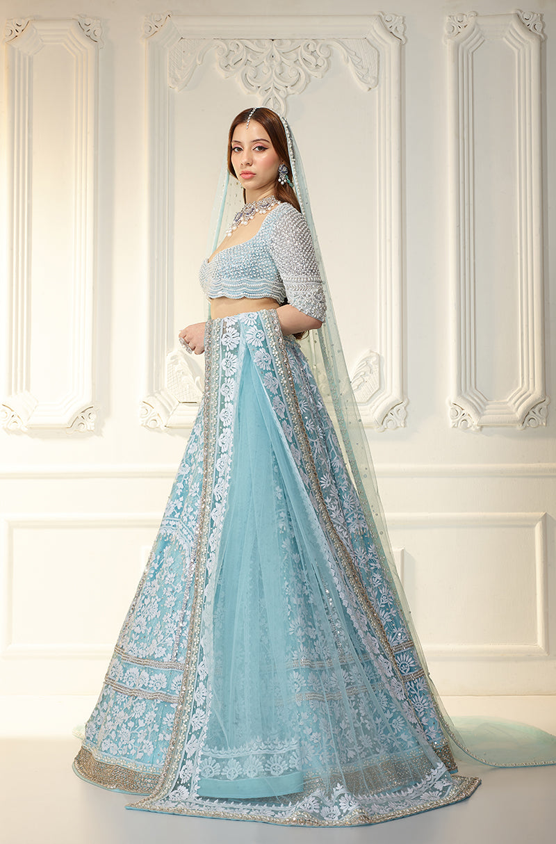 Aqua & Ivory Chikankari Mijwan Embroidered Lehenga Set