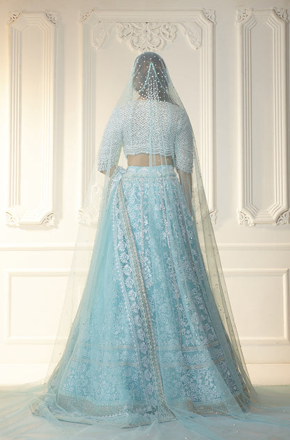 Aqua & Ivory Chikankari Mijwan Embroidered Lehenga Set