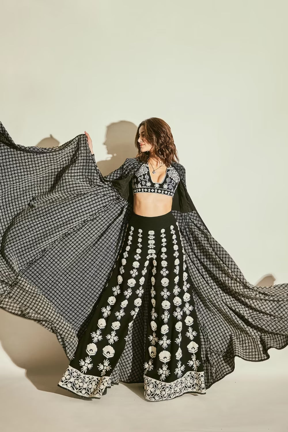 Ananya Pandey in our Black and Ivory Dori Embroidered Sharara Jacket Set