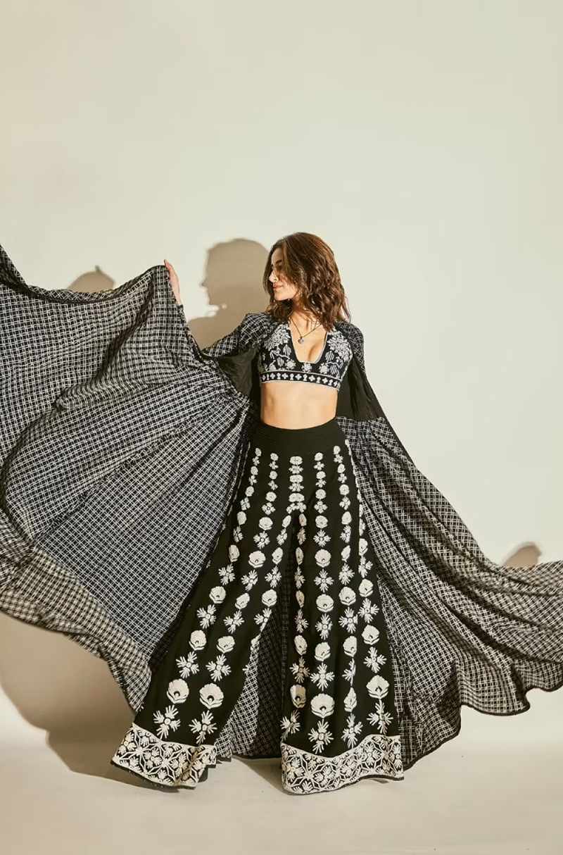 Ananya Pandey in our Black and Ivory Dori Embroidered Sharara Jacket Set