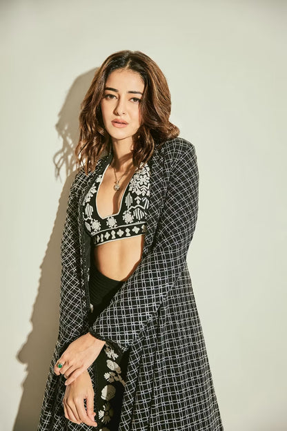Ananya Pandey in our Black and Ivory Dori Embroidered Sharara Jacket Set