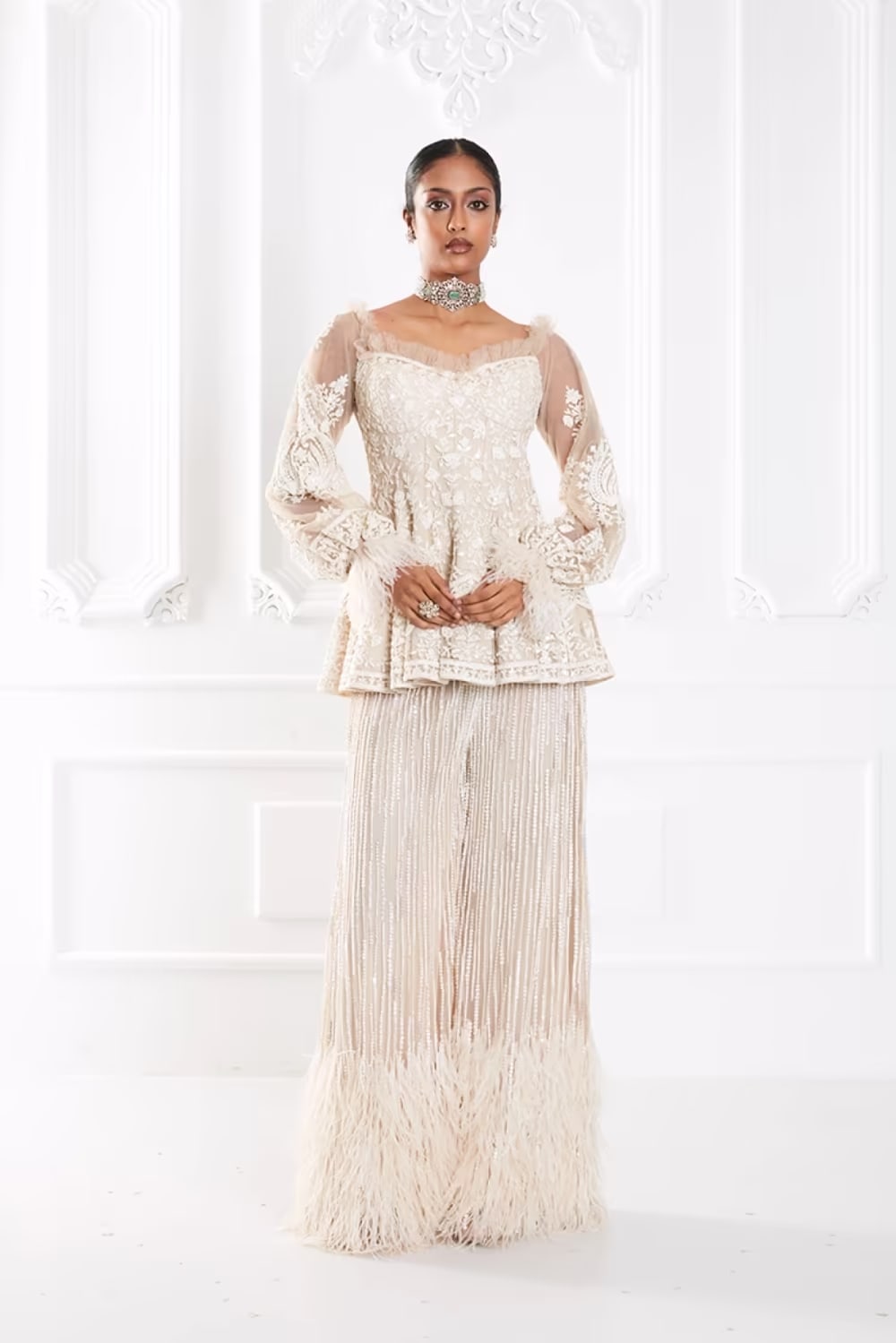 Ivory Dori Embroidered Peplum Pant Set