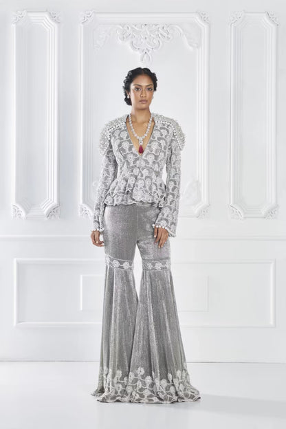 Charcoal Grey Encrusted Peplum Sharara Set