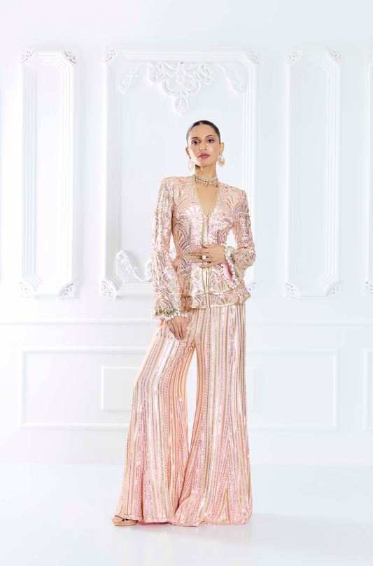 Blush Pink Embroidered Peplum Set