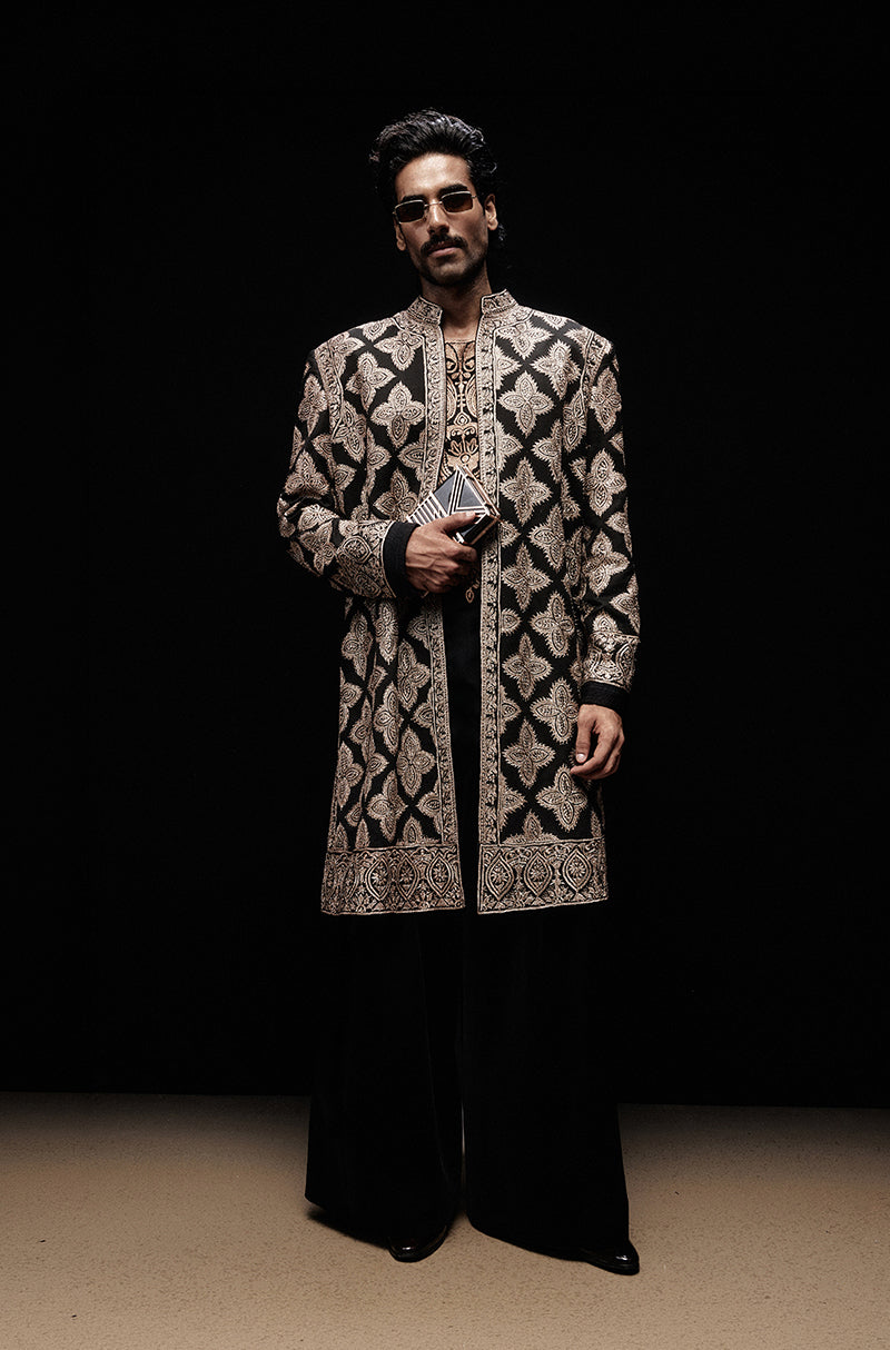 Black with Gold Hand Tilla Embroidered Sherwani Set