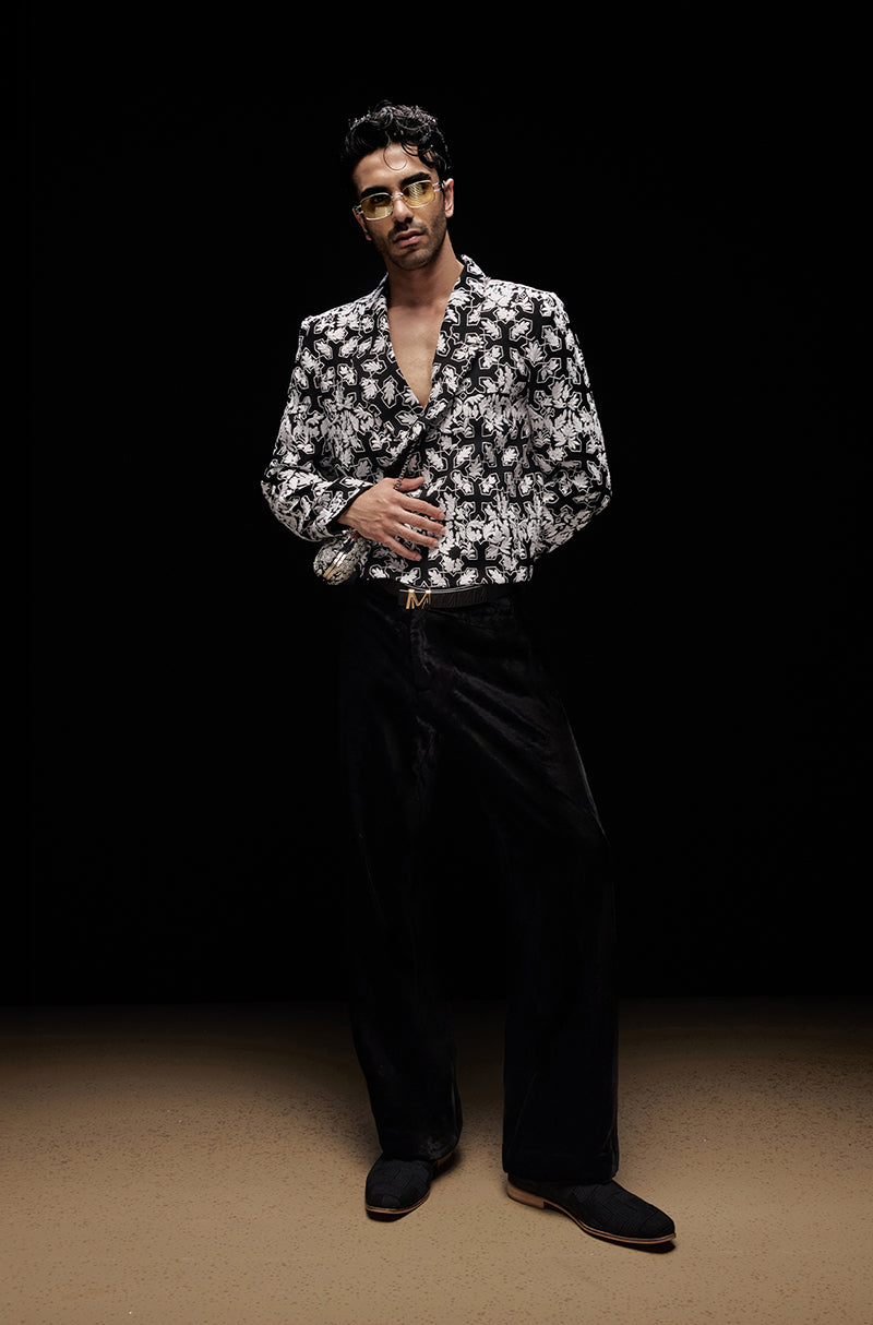 Black with Ivory Mijwan Overlap Blazer Set