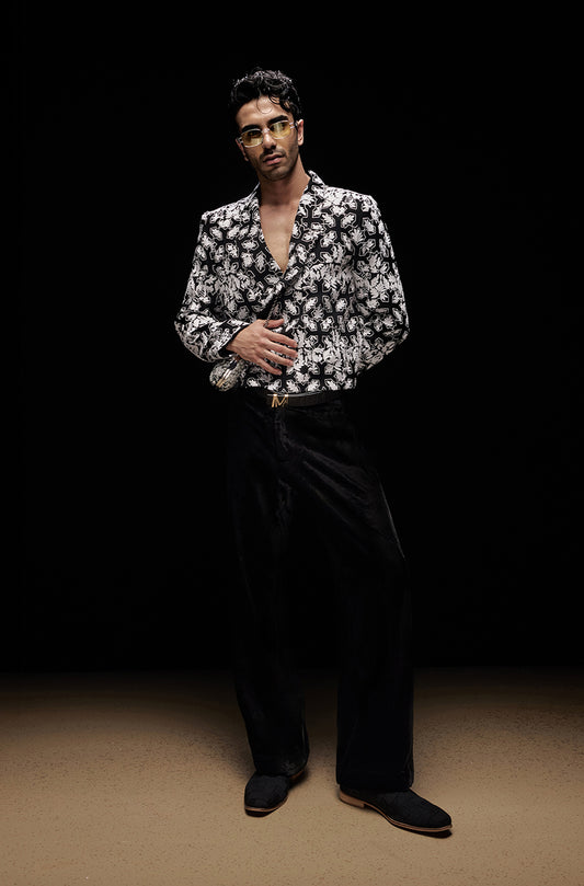 Black with Ivory Mijwan Overlap Blazer Set