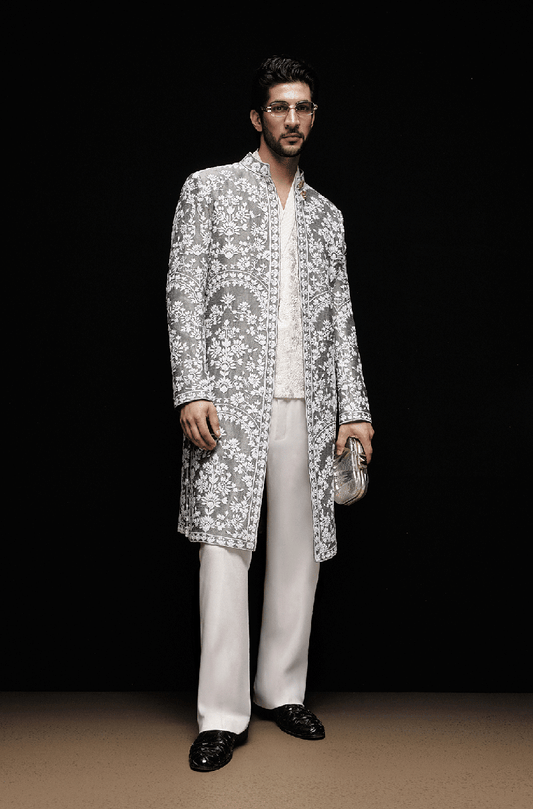 Slate Grey & Ivory Mijwan Sherwani Set