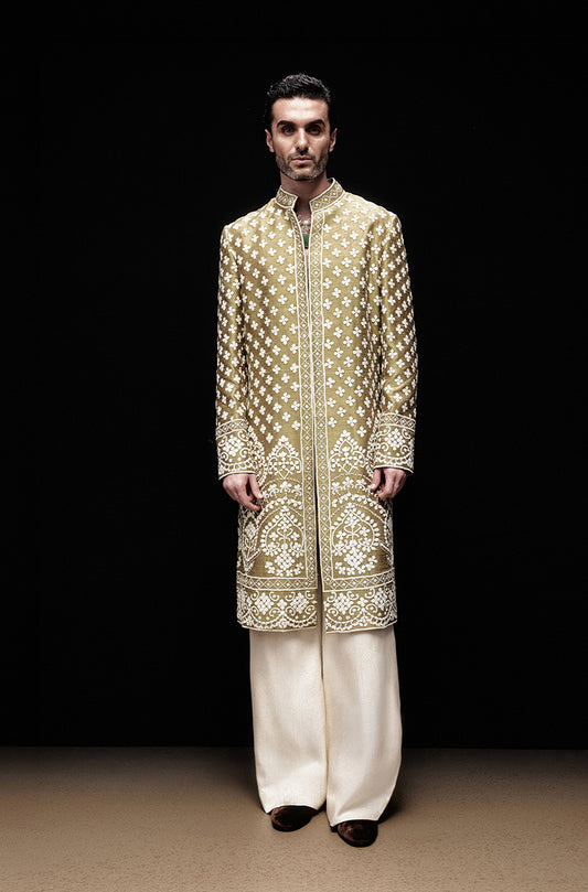 Olive Green & Ivory Mijwan Sherwani Set
