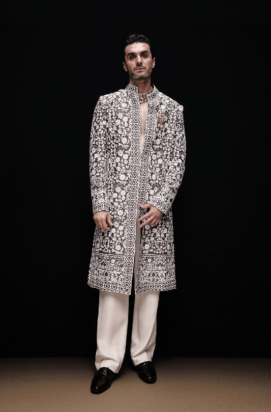 Grey with Ivory Mijwan Long Sherwani Set