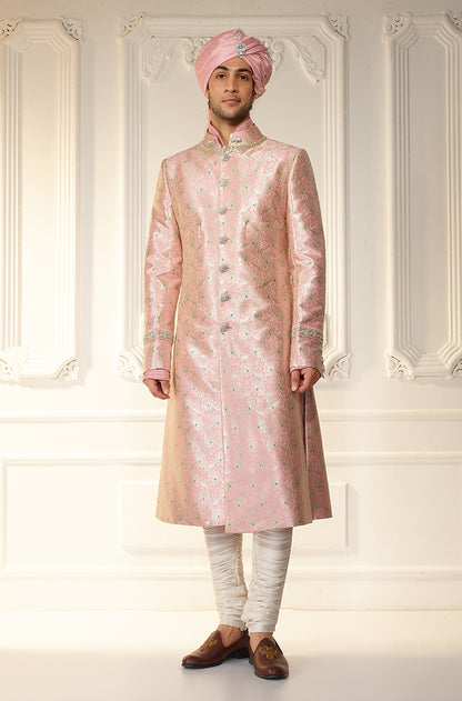 Soft Pink Brocade Achkan Sherwani Set