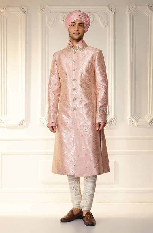 Soft Pink Brocade Achkan Sherwani Set