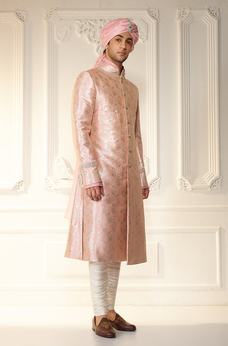 Soft Pink Brocade Achkan Sherwani Set