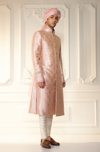 Soft Pink Brocade Achkan Sherwani Set