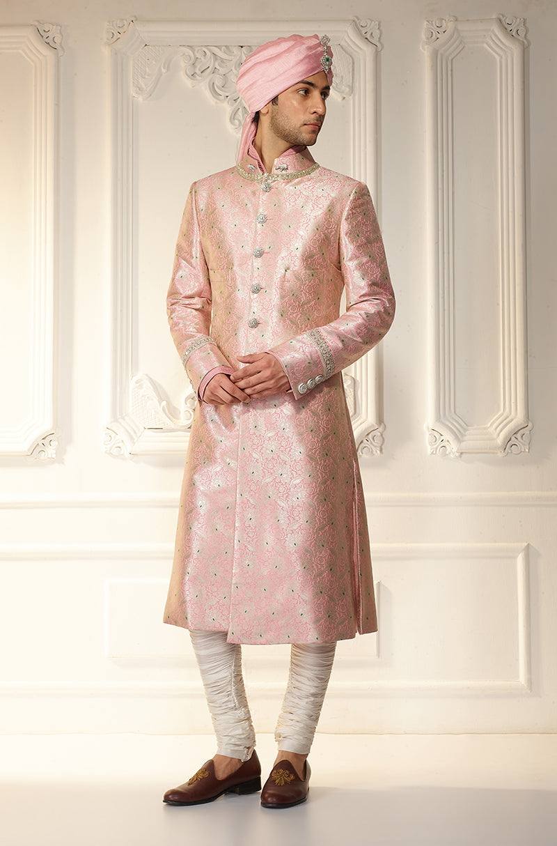 Soft Pink Brocade Achkan Sherwani Set